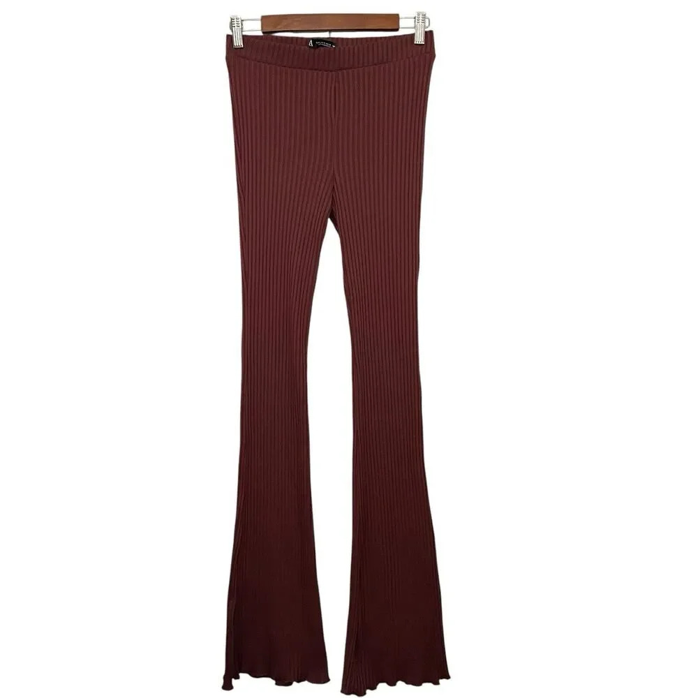 Zara Ribbed Knit Pants Women M Burgundy Flare High Waist Leggings 90s Boho Retro